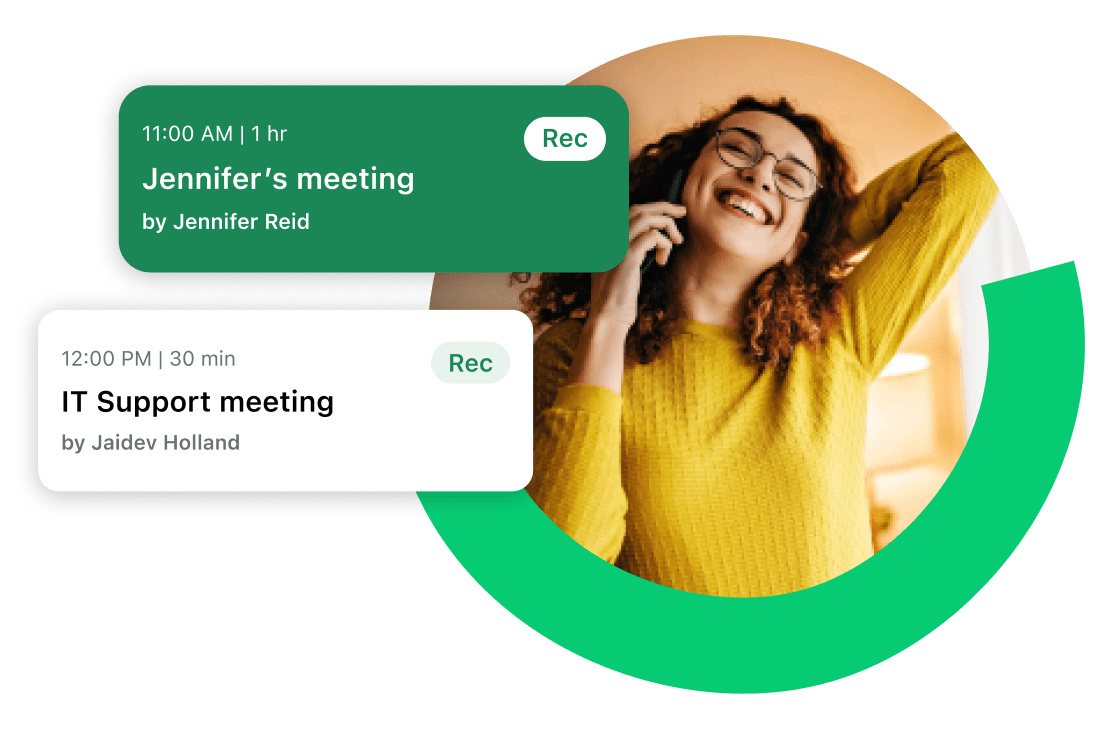 Tela de um celular com a página de boas-vindas do GoTo Connect exibindo opções de ligação e correio de voz, além de detalhes de uma reunião