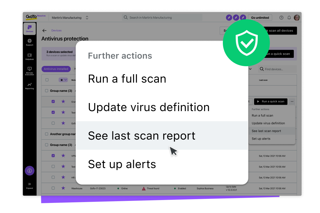 Weergave van GoTo Resolve’s antivirusbescherming met opties voor een volledige scan, het bijwerken van virusdefinities, het bekijken van het laatste scanrapport en het instellen van waarschuwingen.