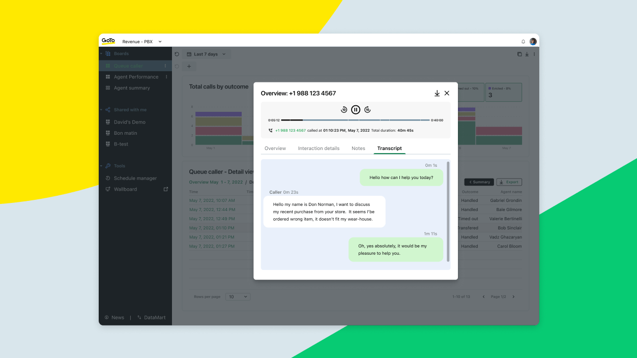 Screens showing a transcription overview via a call and never miss a detail with call transcriptions.