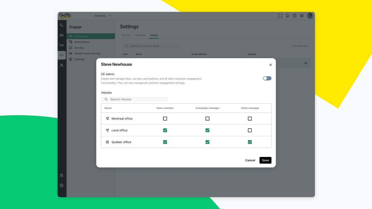 Tela pop-up mostrando um aumento da colaboração e do controle de responsabilidade com várias caixas de entrada compartilhadas.