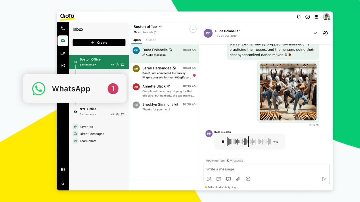 Tela mostrando o WhatsApp como a mais nova adição à nossa linha de recursos multicanal para interagir com clientes na plataforma de mensagens mais usada do mundo.